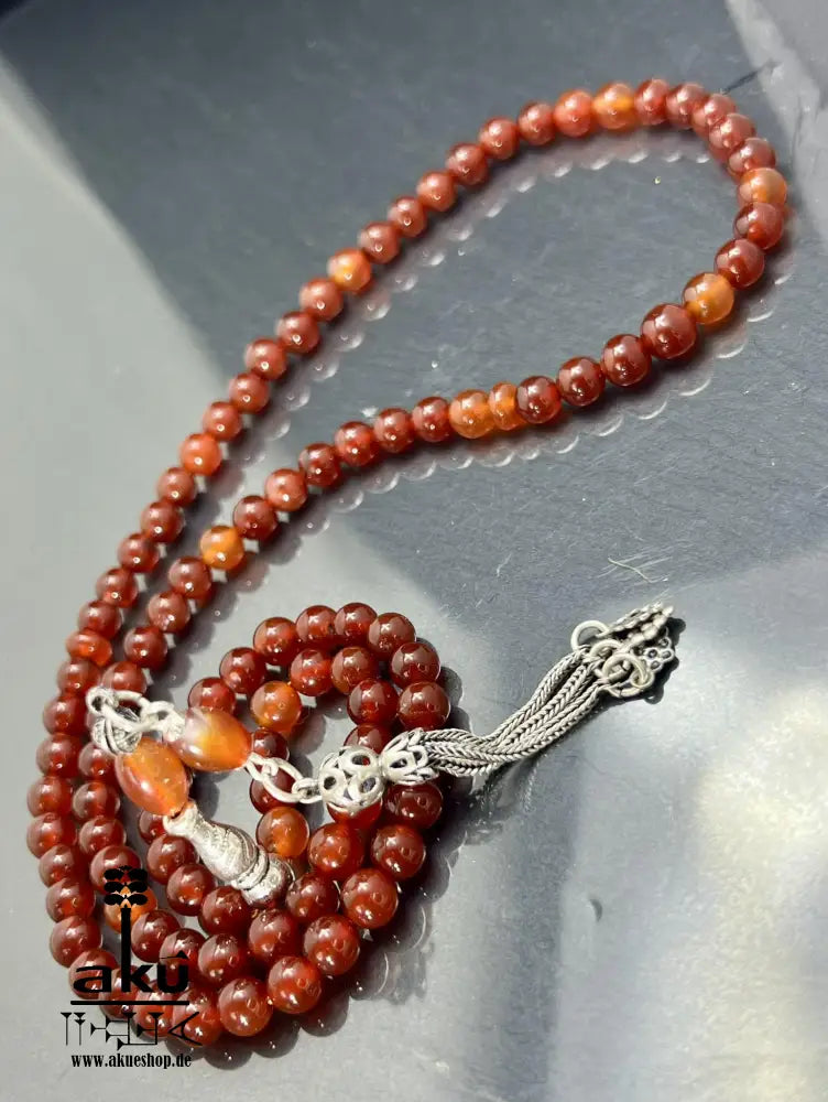 Handgefertigter Tasbih 99, 6mm, natürlicher roter Achat Edelstein, islamisches tesbih, Misbaha, 925 Sterling Silbere Quaste, AkueShop