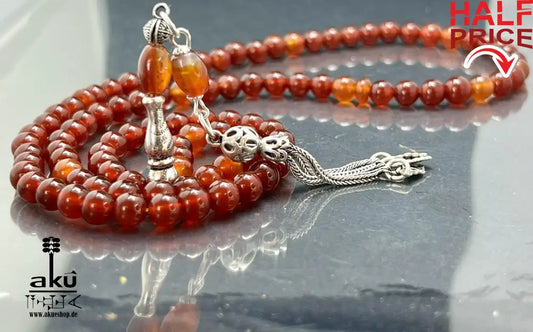 Handgefertigter Tasbih 99, 6mm, natürlicher roter Achat Edelstein, islamisches tesbih, Misbaha, 925 Sterling Silbere Quaste, AkueShop