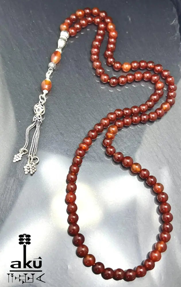 Handgefertigter Tasbih 99, 6mm, natürlicher roter Achat Edelstein, islamisches tesbih, Misbaha, 925 Sterling Silbere Quaste, AkueShop
