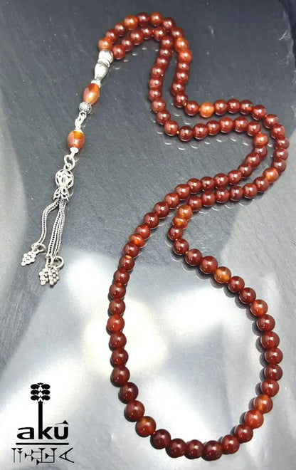Handgefertigter Tasbih 99, 6mm, natürlicher roter Achat Edelstein, islamisches tesbih, Misbaha, 925 Sterling Silbere Quaste, AkueShop