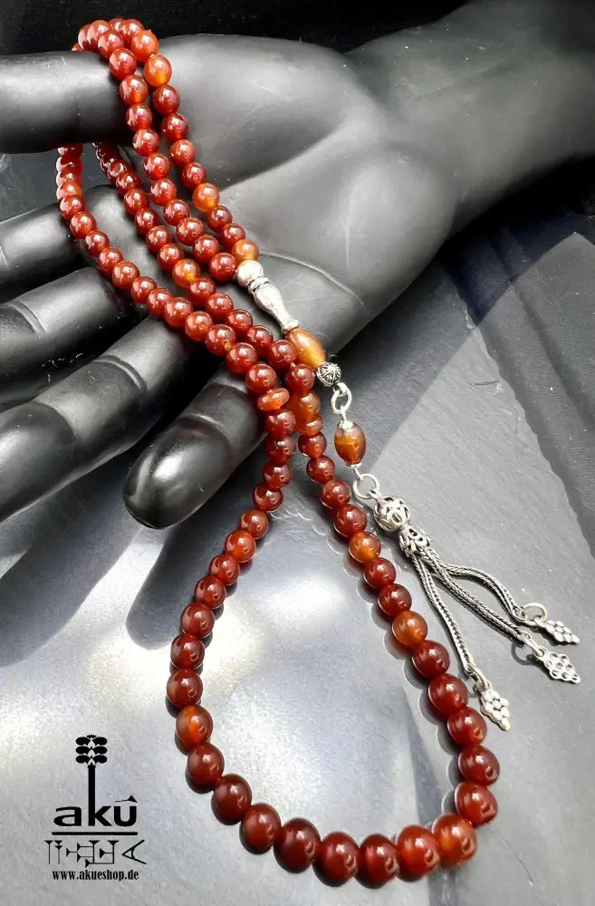 Handgefertigter Tasbih 99, 6mm, natürlicher roter Achat Edelstein, islamisches tesbih, Misbaha, 925 Sterling Silbere Quaste, AkueShop