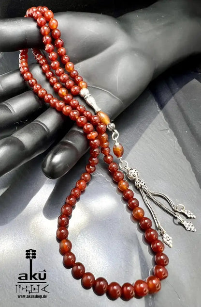 Handgefertigter Tasbih 99, 6mm, natürlicher roter Achat Edelstein, islamisches tesbih, Misbaha, 925 Sterling Silbere Quaste, AkueShop