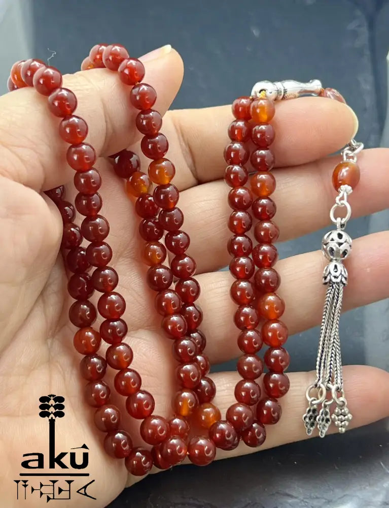 HHandgefertigter Tasbih 99, 6mm, natürlicher roter Achat Edelstein, islamisches tesbih, Misbaha, 925 Sterling Silbere Quaste, AkueShop