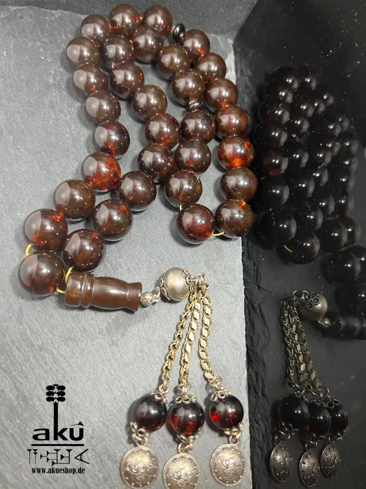 Alte Riesige Rote Bernstein-Gebetskette 19Mm Prayer Beads Amber Kehribar, Bernstein Tasbih, Islamisches, 925er silbere quaste