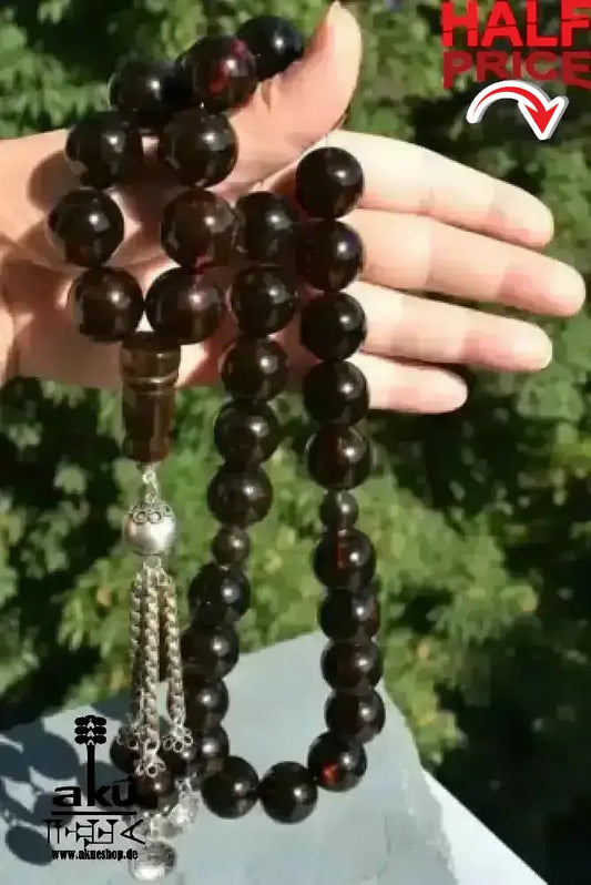 Alte Riesige Rote Bernstein-Gebetskette 19Mm Prayer Beads Amber Kehribar, Bernstein Tasbih, Islamisches, 925er silbere quaste