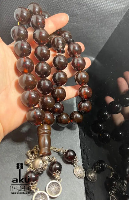 Alte Riesige Rote Bernstein-Gebetskette 19Mm Prayer Beads Amber Kehribar, Bernstein Tasbih, Islamisches, 925er silbere quaste