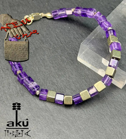 Amethyst Armband Lili Edelstein bronzene Würfel Pyrit Perlen natürlicher Edelstein - Armband