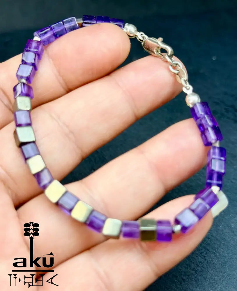 Amethyst Armband Lili Edelstein bronzene Würfel Pyrit Perlen natürlicher Edelstein - Armband