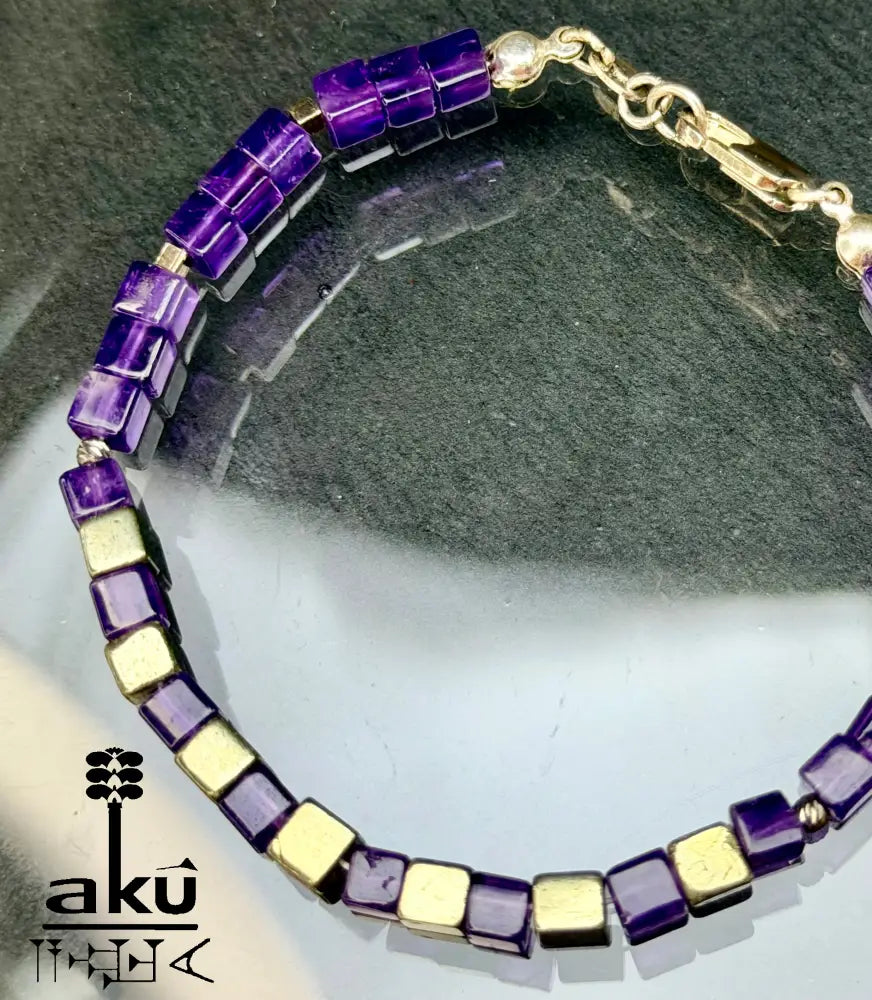 Amethyst Armband Lili Edelstein bronzene Würfel Pyrit Perlen natürlicher Edelstein - Armband