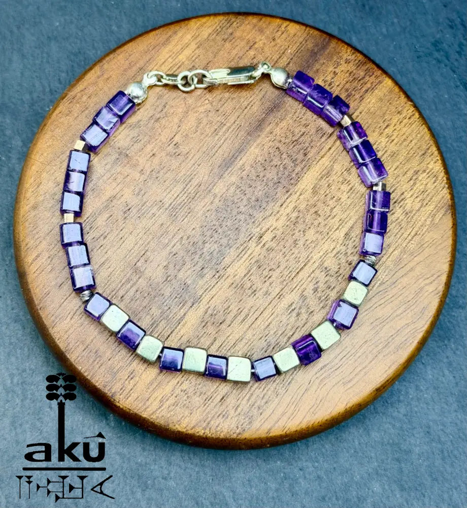 Amethyst Armband Lili Edelstein bronzene Würfel Pyrit Perlen natürlicher Edelstein - Armband