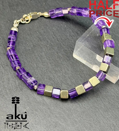 Amethyst Armband Lili Edelstein bronzene Würfel Pyrit Perlen natürlicher Edelstein - Armband