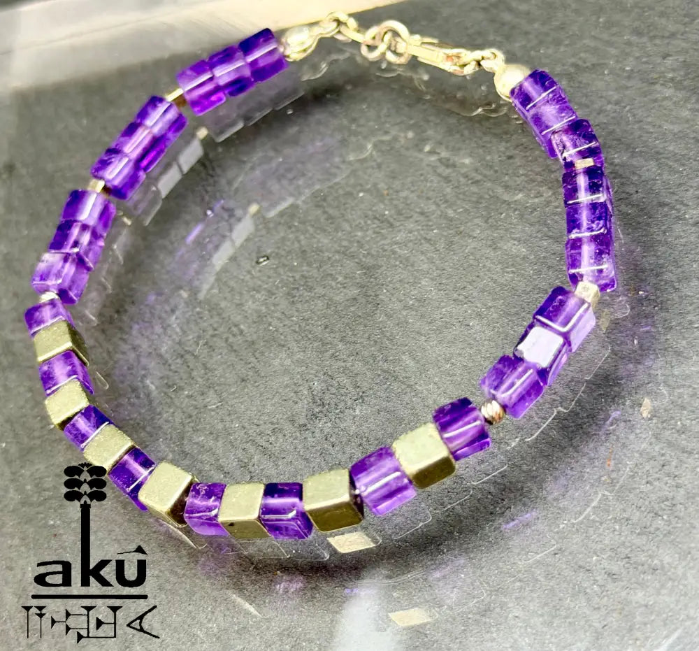 Amethyst Armband Lili Edelstein bronzene Würfel Pyrit Perlen natürlicher Edelstein - Armband