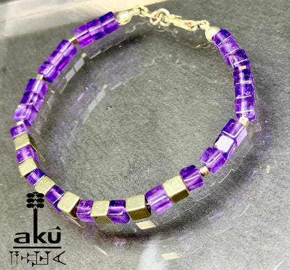 Amethyst Armband Lili Edelstein bronzene Würfel Pyrit Perlen natürlicher Edelstein - Armband