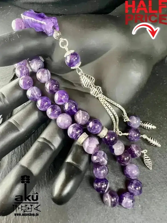 Amethyst Tasbih 33Perlen, Ramadan/Eid Geschenk, 925er Silbere Quaste - AkueShop