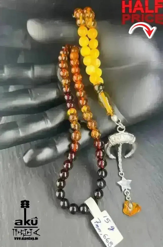 Bernstein Tesbih 66, natürlicher Ostseebernstein Regenbogen, islamische misbaha Kehribar - AkueShop