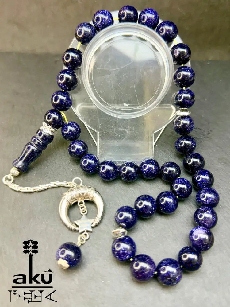 Blau Sandstein Tasbih 33, Islamisches Geschenk, 925er Silber Quaste