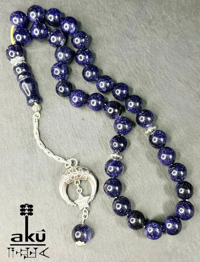 Blau Sandstein Tasbih 33, Islamisches Geschenk, 925er Silber Quaste