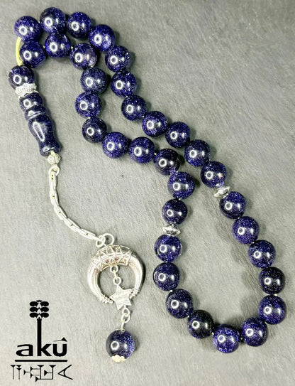 Blau Sandstein Tasbih 33, Islamisches Geschenk, 925er Silber Quaste