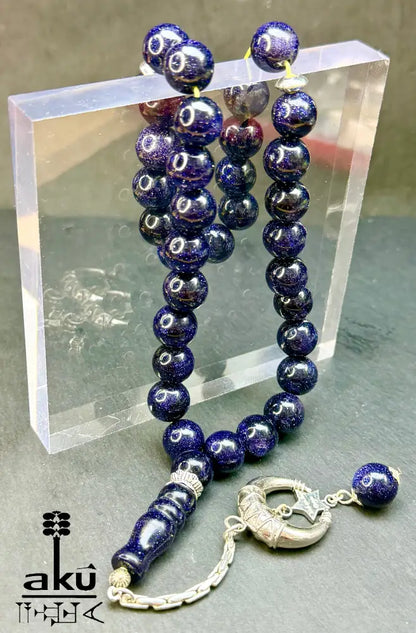 Blau Sandstein Tasbih 33, Islamisches Geschenk, 925er Silber Quaste