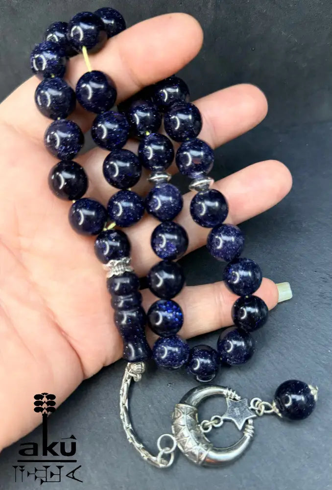 Blau Sandstein Tasbih 33, Islamisches Geschenk, 925er Silber Quaste
