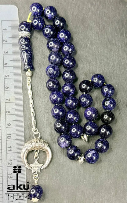 Blau Sandstein Tasbih 33, Islamisches Geschenk, 925er Silber Quaste