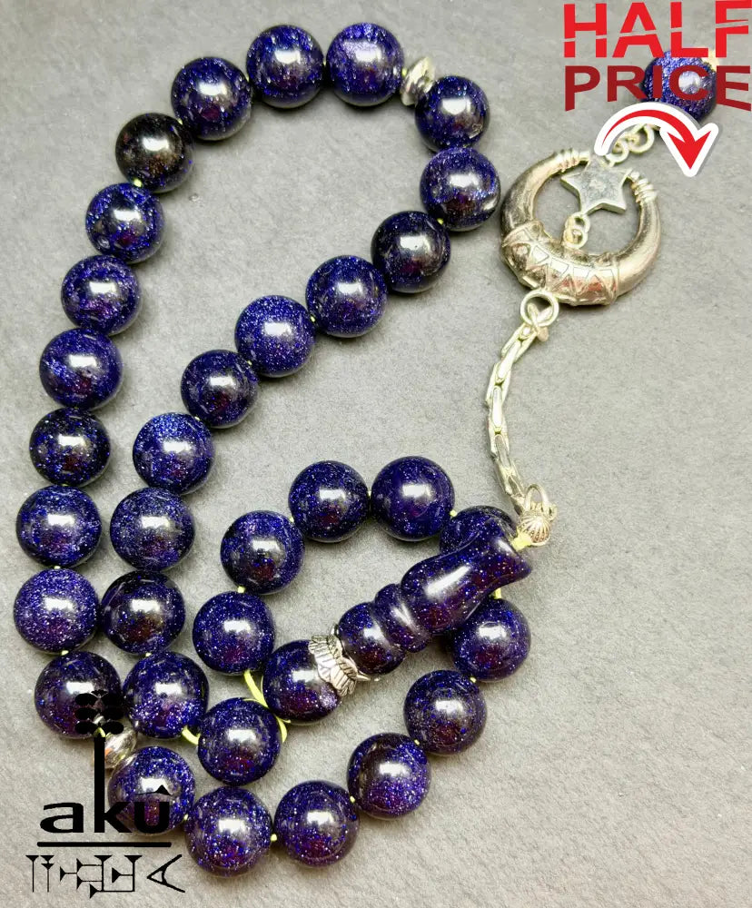 Blau Sandstein Tasbih 33, Islamisches Geschenk, 925er Silber Quaste