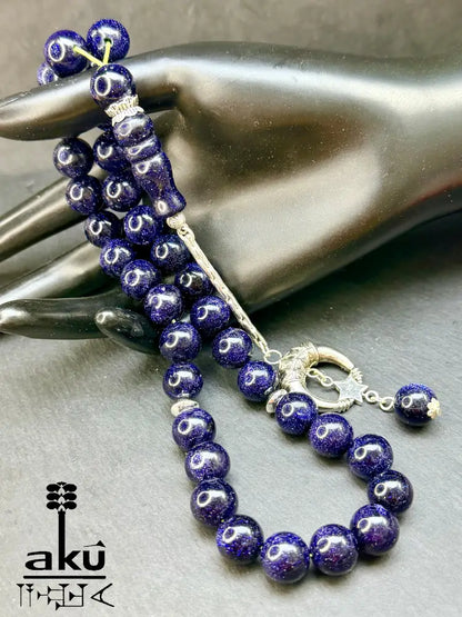 Blau Sandstein Tasbih 33, Islamisches Geschenk, 925er Silber Quaste