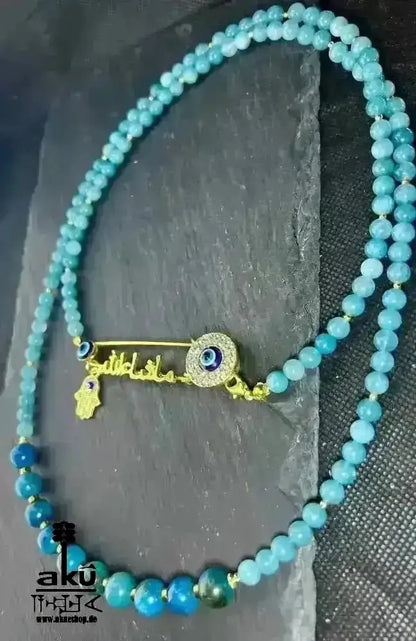 Blaue Apatit Mashallah Halskette, natürlicher Edelsteinschmuck, doppelsträngiges Halsband. - AkueShop
