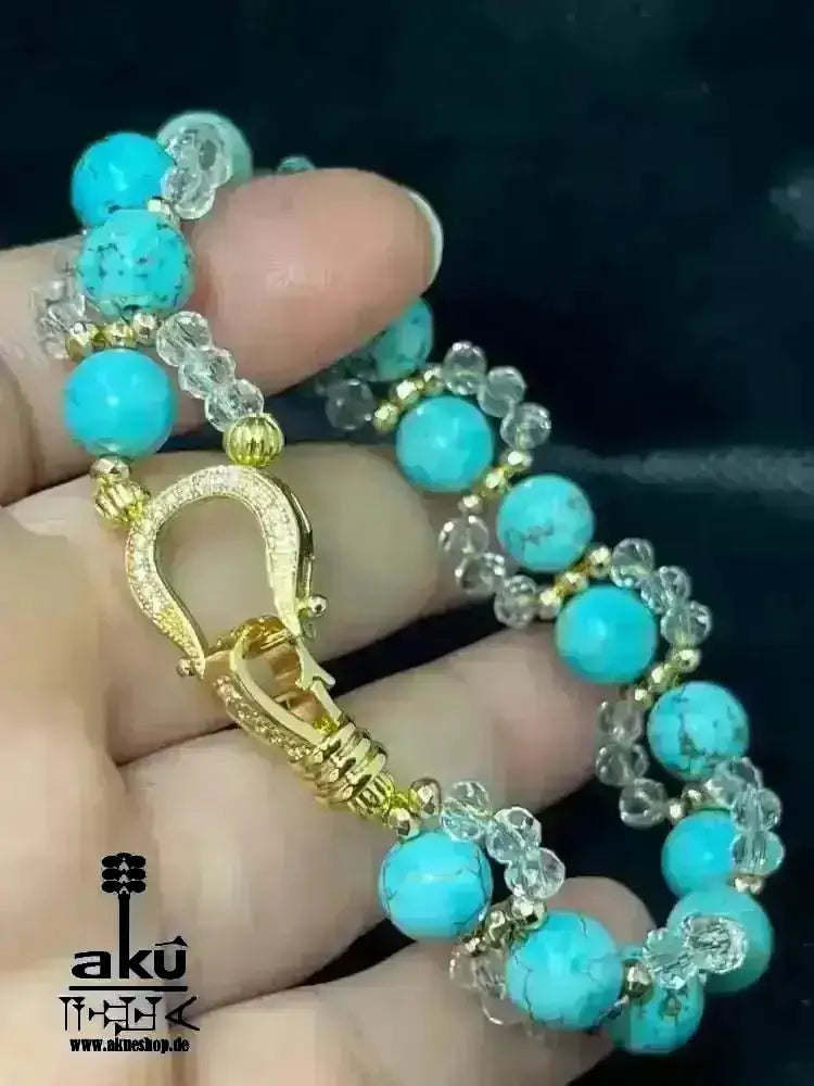 Blaues Howlith - Armband, natürlicher Asiatischer Türkis Stein, messingvergoldeter glänzender Verschluss - AkueShop