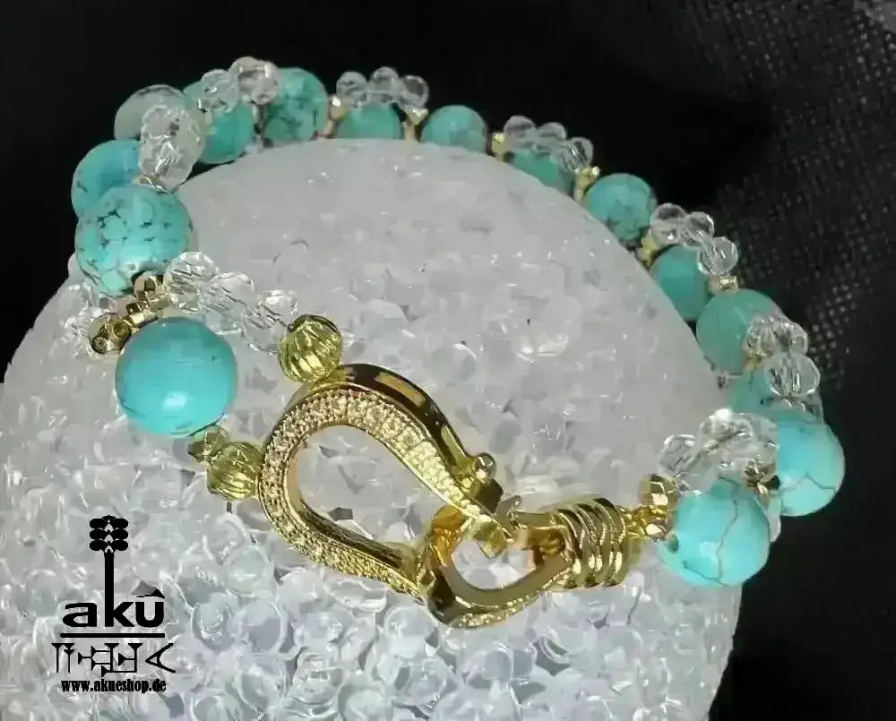 Blaues Howlith - Armband, natürlicher Asiatischer Türkis Stein, messingvergoldeter glänzender Verschluss - AkueShop