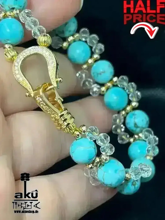Blaues Howlith - Armband, natürlicher Asiatischer Türkis Stein, messingvergoldeter glänzender Verschluss - AkueShop