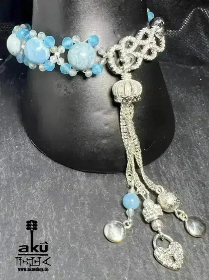 Blaues Larimar Armband natürlichen Edelsteinen, versilberte Quaste Geschenk - AkueShop
