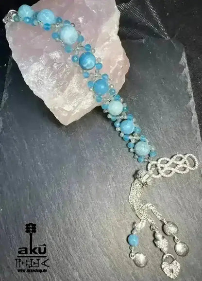 Blaues Larimar Armband natürlichen Edelsteinen, versilberte Quaste Geschenk - AkueShop