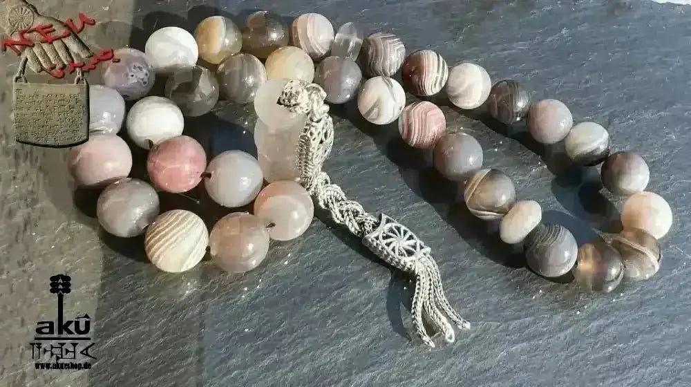 Botswana Achat Tesbih 33, 10mm, natürliches Edelstein, islamische Misbaha, 925 Sterling Silbere Quaste - AkueShop