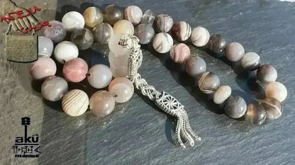 Botswana Achat Tesbih 33, 10mm, natürliches Edelstein, islamische Misbaha, 925 Sterling Silbere Quaste - AkueShop