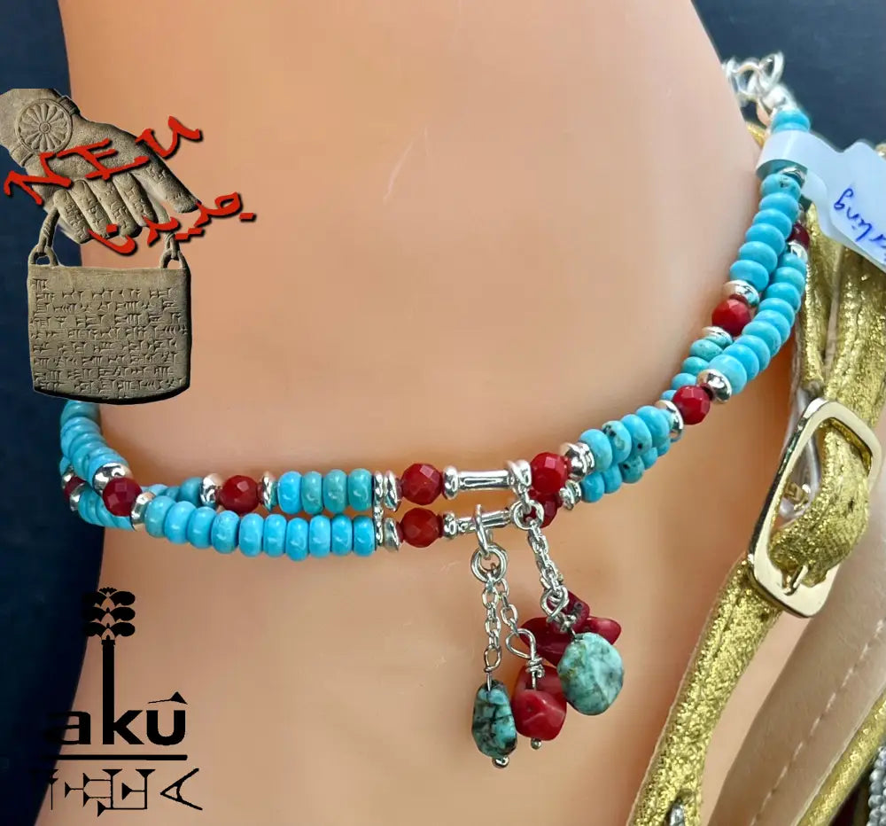 Türkisblau Hawlett und Koralle Fußkette natürliche Edelstein 925er Silber Fußkette, AkueShop