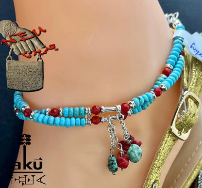 Türkisblau Hawlett und Koralle Fußkette natürliche Edelstein 925er Silber Fußkette, AkueShop