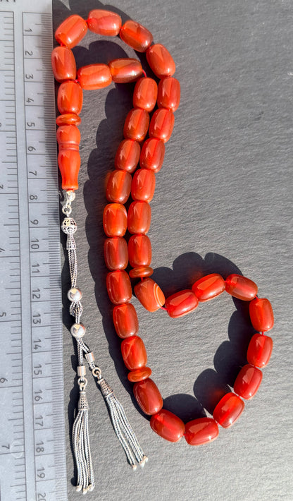 Rote Gebetskette aus natürlichen Achat -Akik- 33 Perlen, Große Tasbih, 925er Sterlingsilber-Quaste, Islamisches Geschenk, Meditationskette