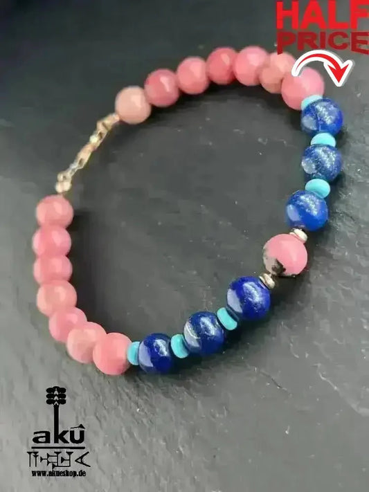Glücksstein - Armband; Rhodonit & Lapislazuli & Türkis, 925er Rosé Silber, natürliche Edelsteine positive Meditationsenergie - AkueShop