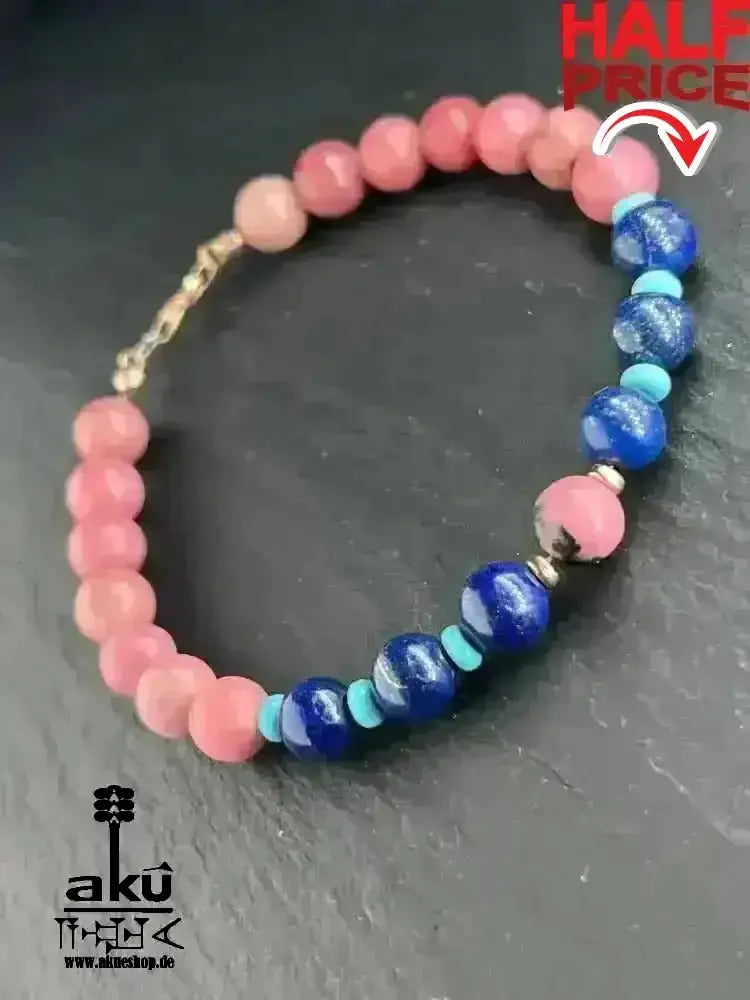 Glücksstein - Armband; Rhodonit & Lapislazuli & Türkis, 925er Rosé Silber, natürliche Edelsteine positive Meditationsenergie - AkueShop