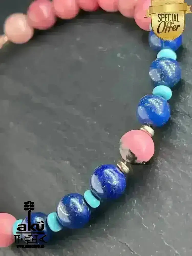 Glücksstein - Armband; Rhodonit & Lapislazuli & Türkis, 925er Rosé Silber, natürliche Edelsteine positive Meditationsenergie - AkueShop