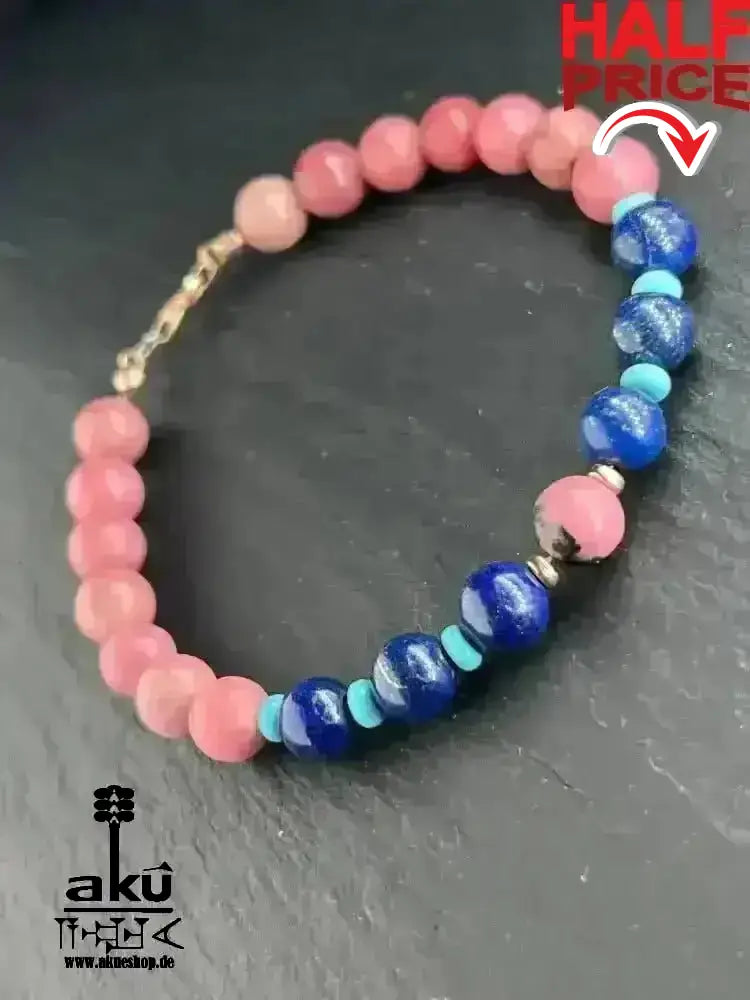 Glücksstein - Armband; Rhodonit & Lapislazuli & Türkis, 925er Rosé Silber, natürliche Edelsteine positive Meditationsenergie - AkueShop