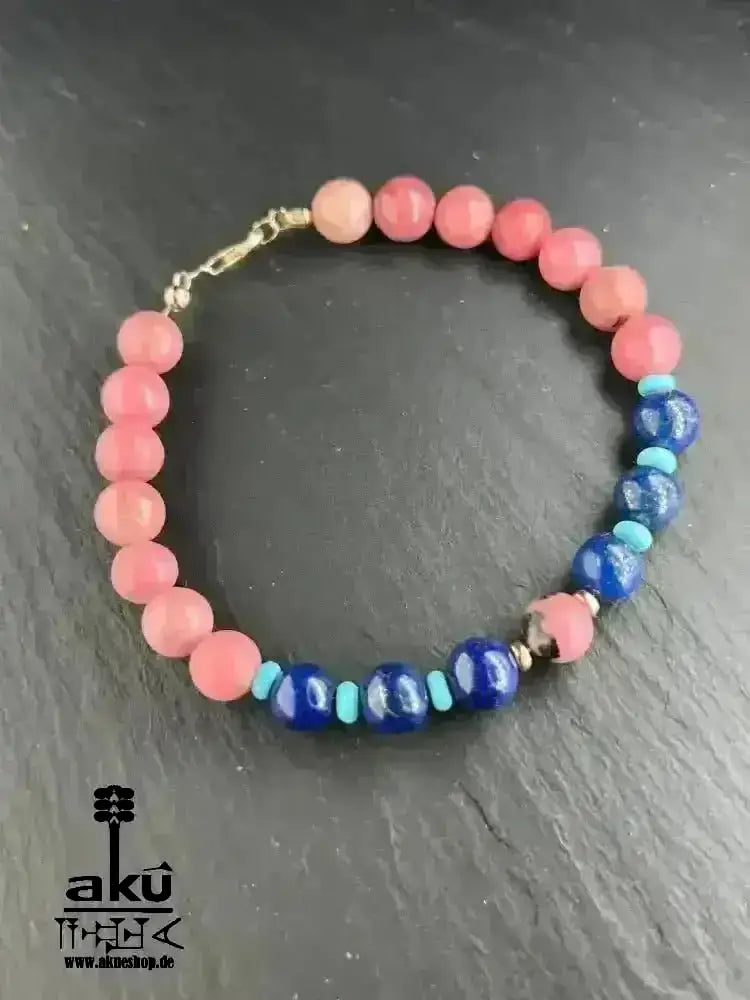 Glücksstein - Armband; Rhodonit & Lapislazuli & Türkis, 925er Rosé Silber, natürliche Edelsteine positive Meditationsenergie - AkueShop
