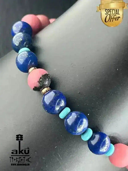 Glücksstein - Armband; Rhodonit & Lapislazuli & Türkis, 925er Rosé Silber, natürliche Edelsteine positive Meditationsenergie - AkueShop