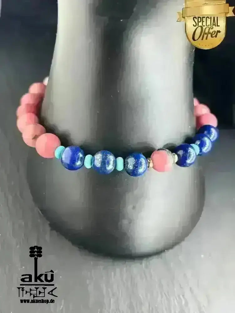 Glücksstein - Armband; Rhodonit & Lapislazuli & Türkis, 925er Rosé Silber, natürliche Edelsteine positive Meditationsenergie - AkueShop