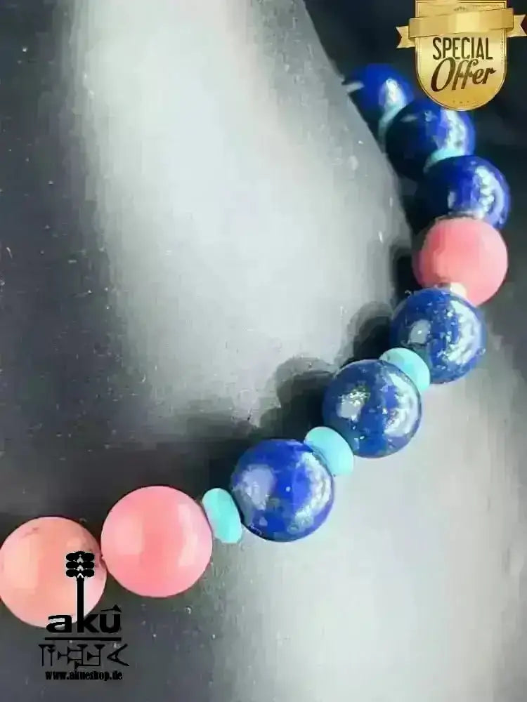 Glücksstein - Armband; Rhodonit & Lapislazuli & Türkis, 925er Rosé Silber, natürliche Edelsteine positive Meditationsenergie - AkueShop