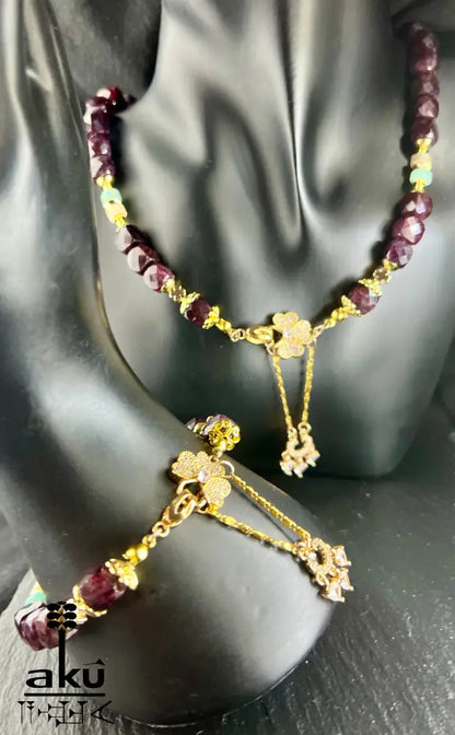 Natürliches Granat - und Amazonit - Set Halskette und Armband vergoldet, Januar - Glücksstein, Steinbock Sternzeichen Herz und Halschakra - Energie - AkueShop