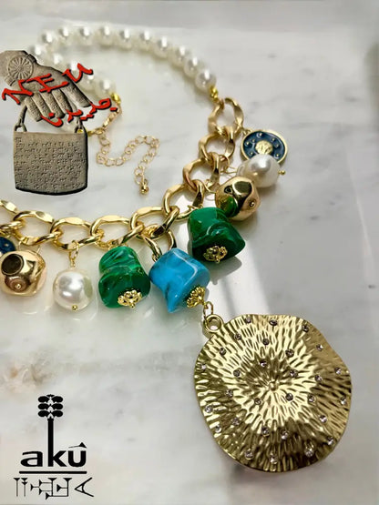 Große Choker, Maritimes Statement, goldene-tone Kette, Malachit- und Türkis-Imitation