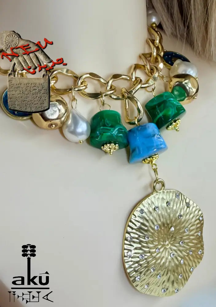 Große Choker, Maritimes Statement, goldene-tone Kette, Malachit- und Türkis-Imitation