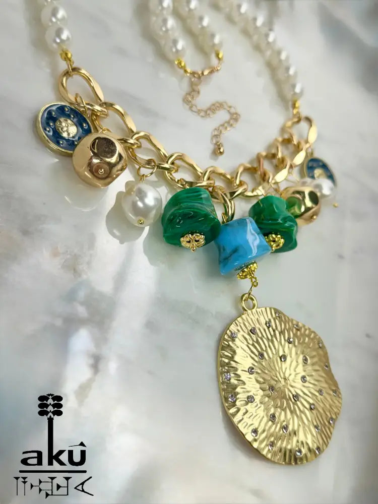 Große Choker, Maritimes Statement, goldene-tone Kette, Malachit- und Türkis-Imitation